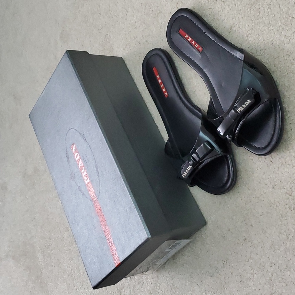 PRADA Authenic Leather Slides Sandals Flats Size 6.5/  36 1/2 with Box and Bag